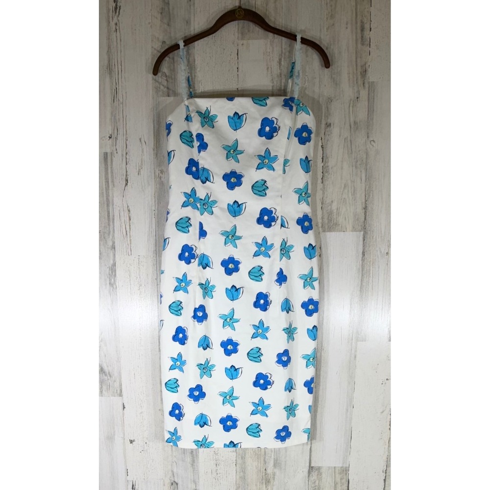 Chetta B Sheath Dress White Blue Floral Beaded Straps Vintage 90s Wedding READ